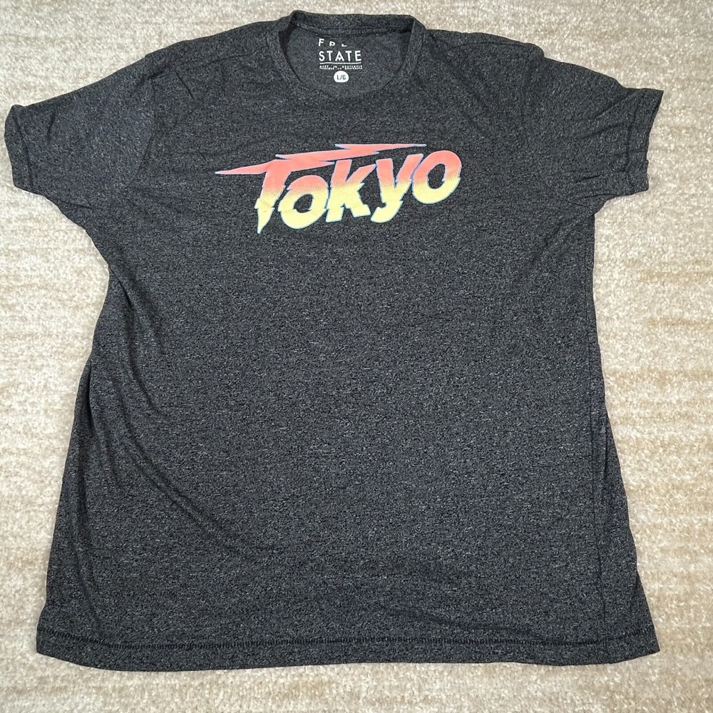 Free State Mens Tokyo Graphic Tee Heather Charcoal Gray Short Sleeve Shirt L